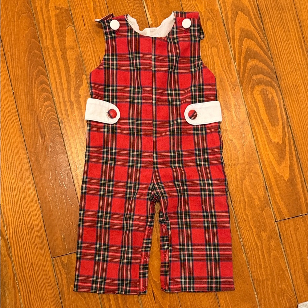Red Plaid Kids Overalls with White Accent Tabs